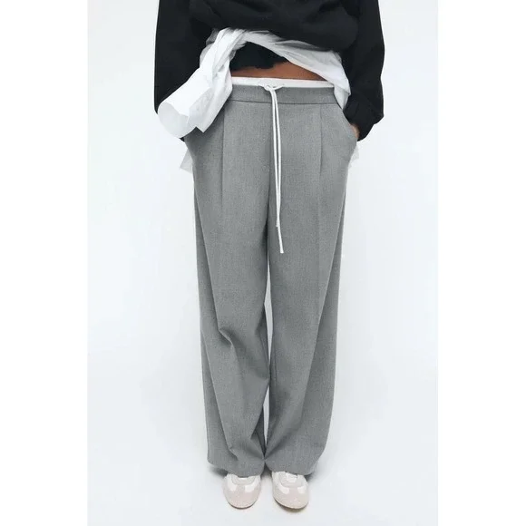 ZARA Trouser Wide Leg Pants Double Elastic Waist Drawstring Gray  L Tailored - Picture 2 of 8